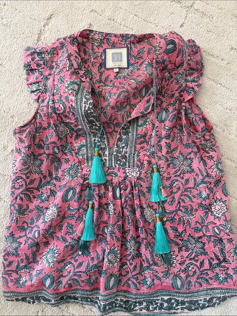 Bell-Pink & Teal Floral Tassel Tunic Top
